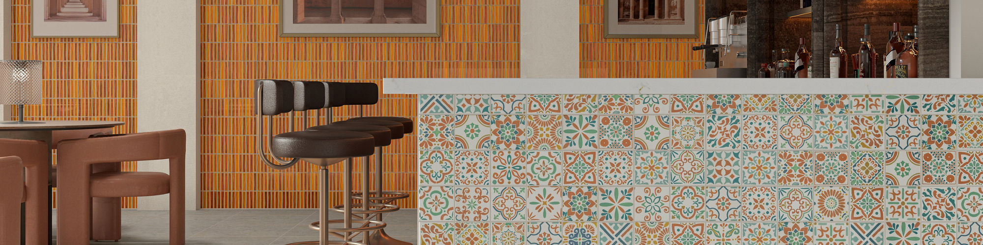 Restaurant bar with orange fluted tile on back wall niches, white encaustic square tile on bar, white square floor tile, and black bar chairs.