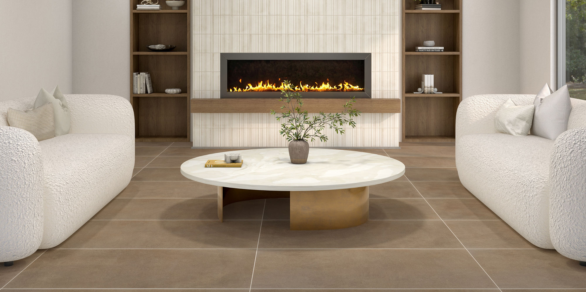Living room with brown rectangle large format concrete look floor tile, two white couches, wood accents, and a fireplace in the middle.