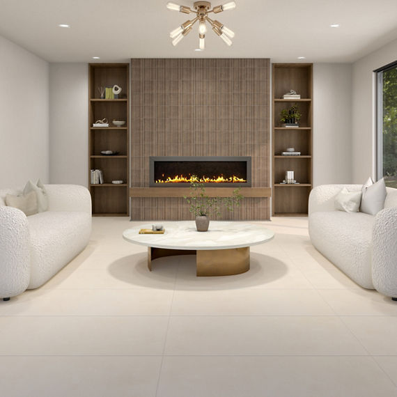 Living room with white square large format concrete look floor tile, two white couches, wood accents, and a fireplace in the middle with dark brown fluted square tile.