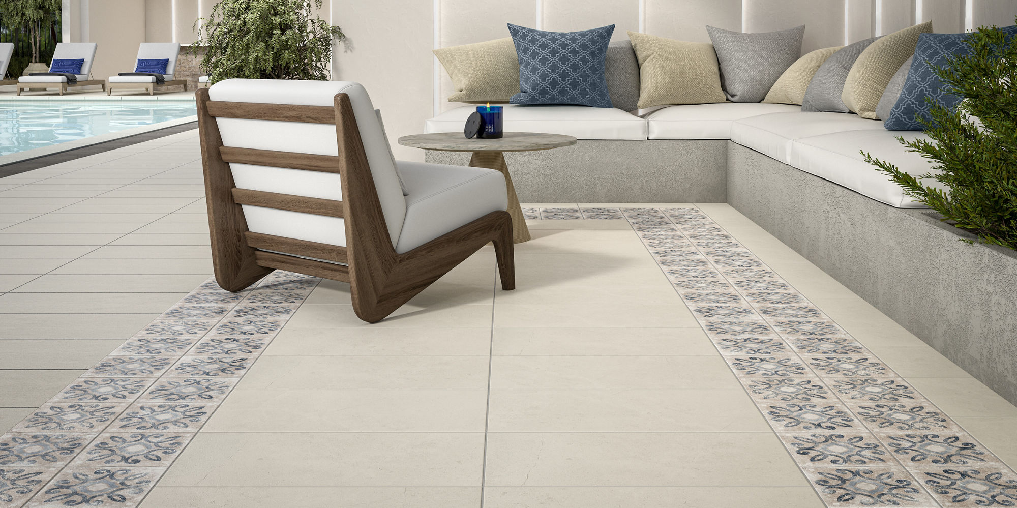 Cabana section next to the pool with encaustic tiles surrounding the area.