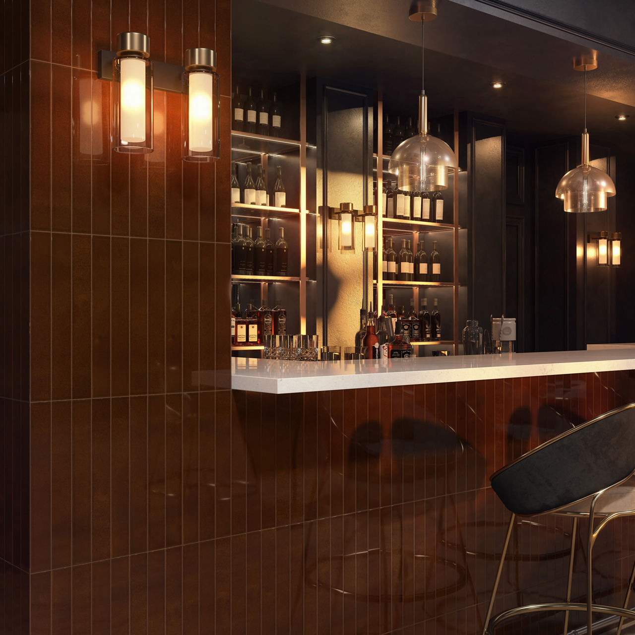 A sleek contemporary bar interior features a glossy brown tiled wall and a white countertop. Backlit shelves display numerous bottles and glassware, creating a sophisticated focal point. Pendant lights and wall sconces cast a warm, ambient glow acros