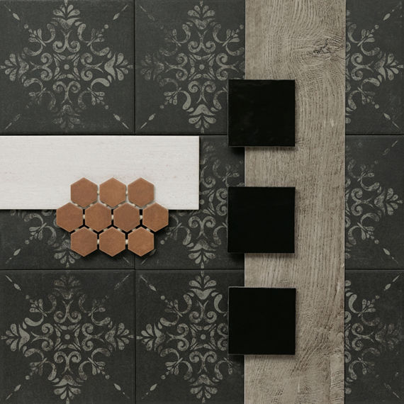 This tile flatlay contains encaustic look tiles accented by a wood look plank, concrete accent tiles, and concrete hexagon mosaic tiles.