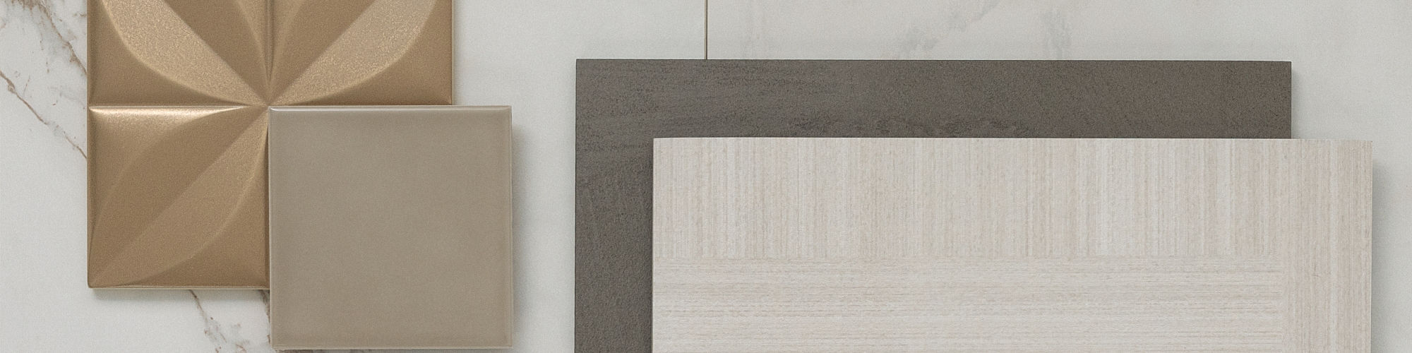 This flatlay contains a marble look tile accented by fabric look tile, metal three dimensional accent tile, concrete look accent tile, and metal jollies.