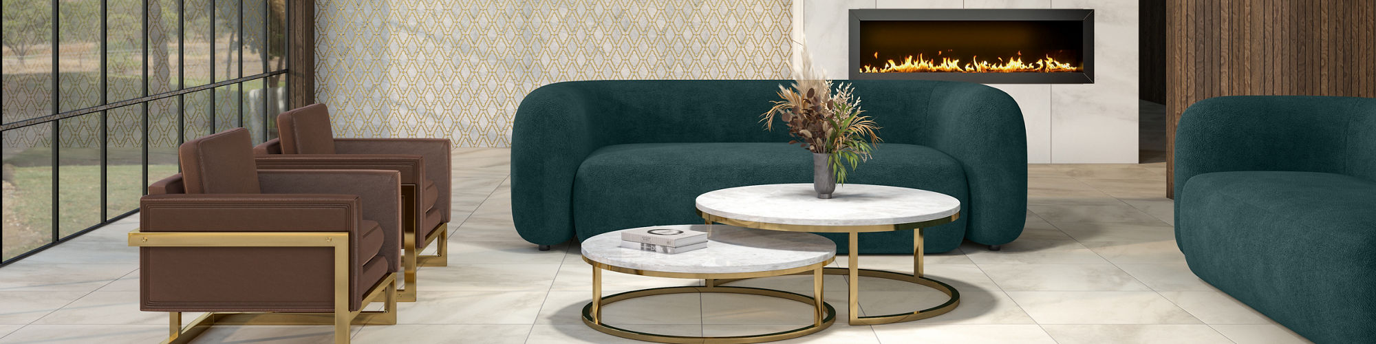 Sitting area with two green couches, two brown chairs, white marble look square floor tile, floor to ceiling windows, and a fireplace with white marble look rectangle tile surround on back wall. 