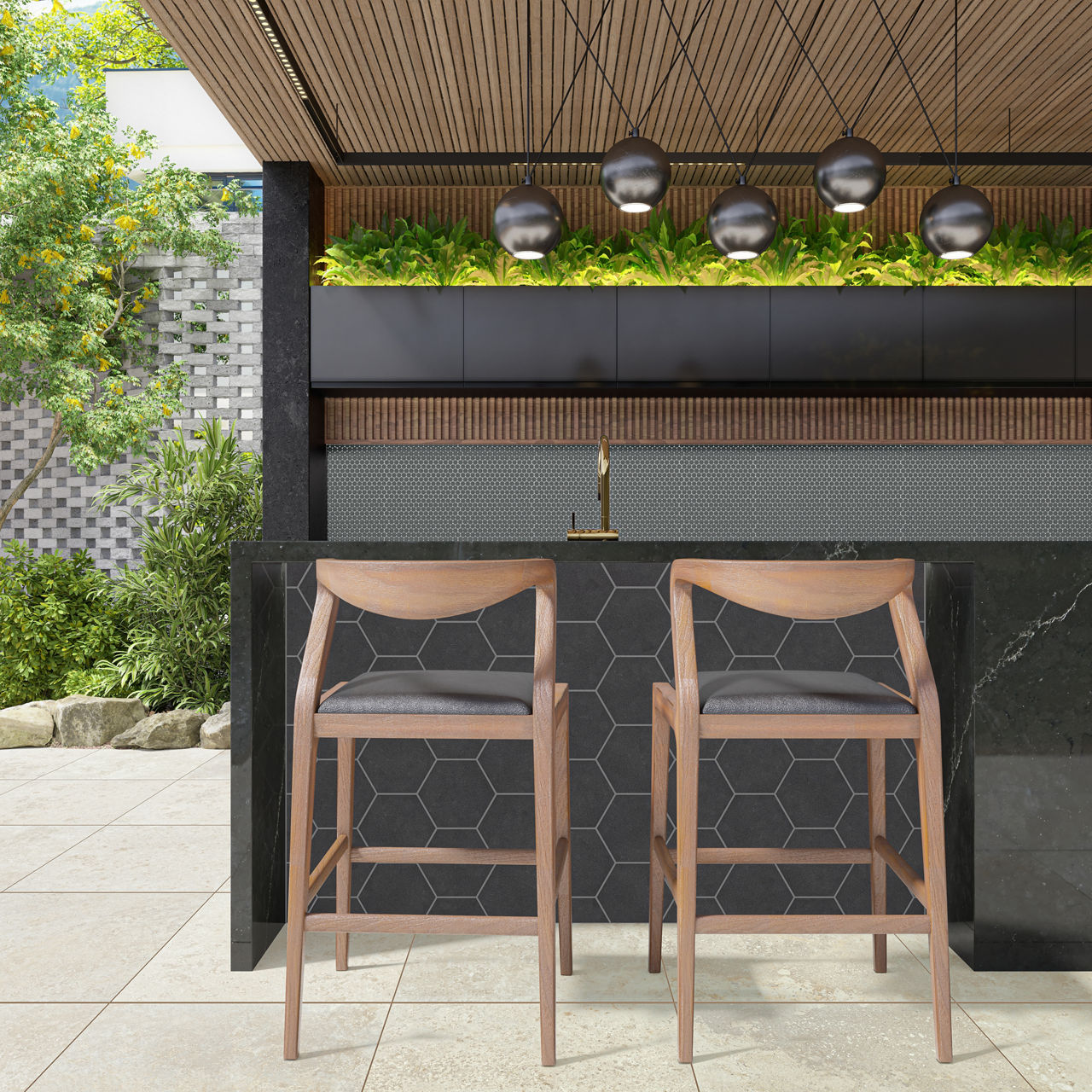 Outdoor kitchen with black hexagon tile on counter, black marble look countertop, gray backsplash, white square floor tile, and wooden chairs.