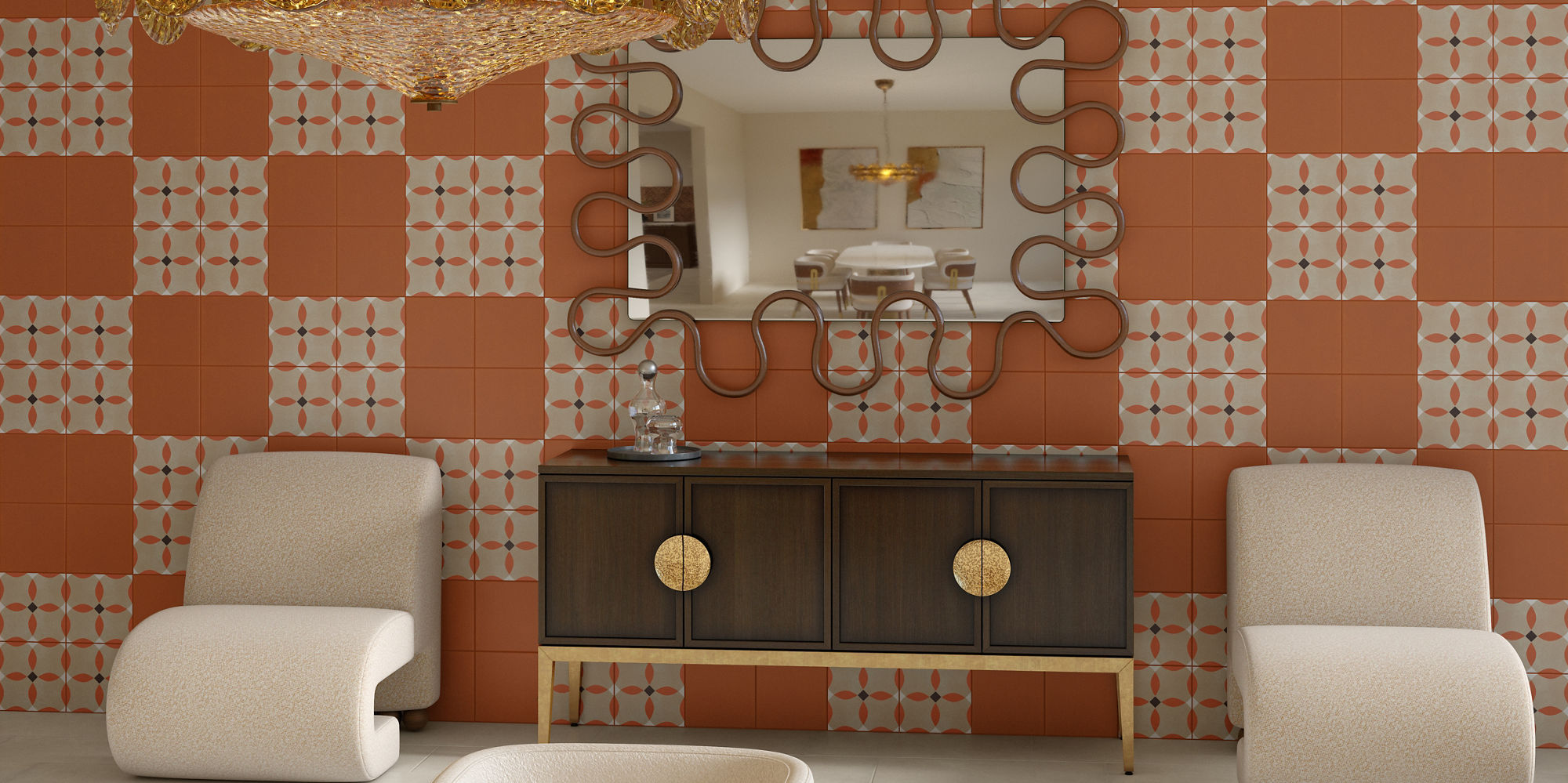 Dining room with orange and encaustic square tile on back wall, white rectangle stone look tile on floor, and white chairs.