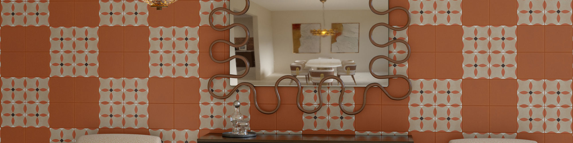 Dining room with orange and encaustic square tile on back wall, white rectangle stone look tile on floor, and white chairs.