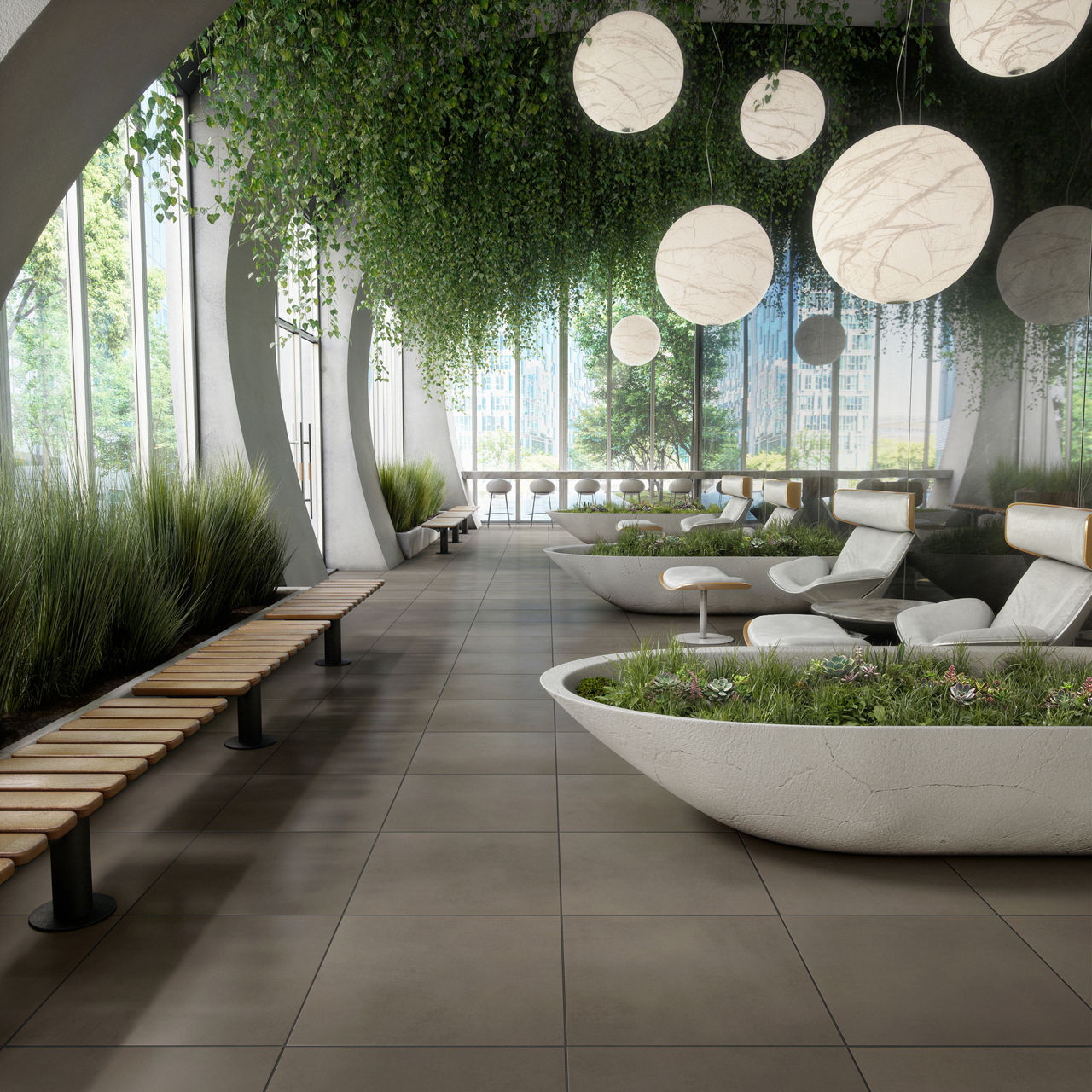 Room with white sitting chairs, wood benches, greenery, and gray concrete look square floor tile.