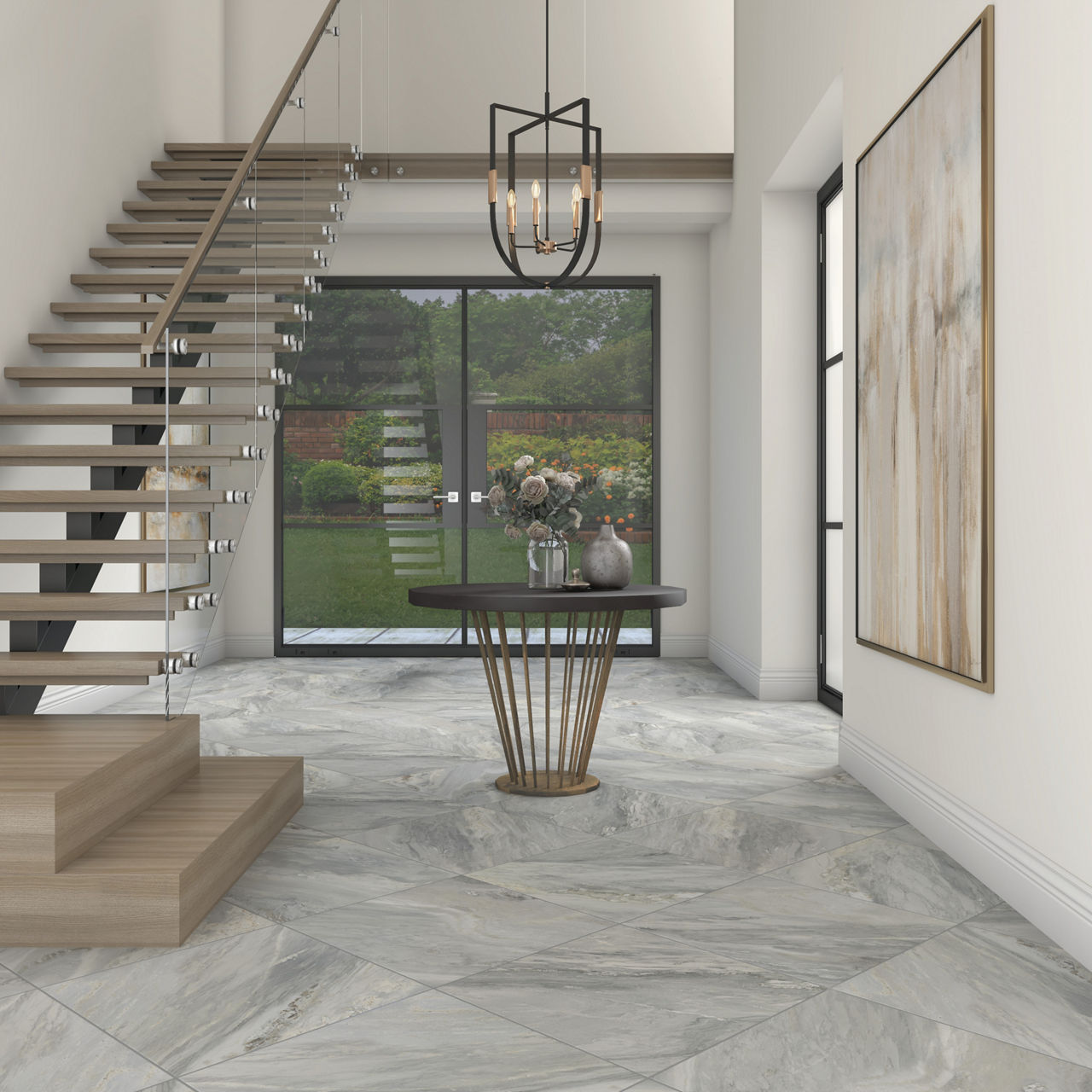 Entry space with white marble look square floor tile, white walls, light wood stair case, and center table with flowers.