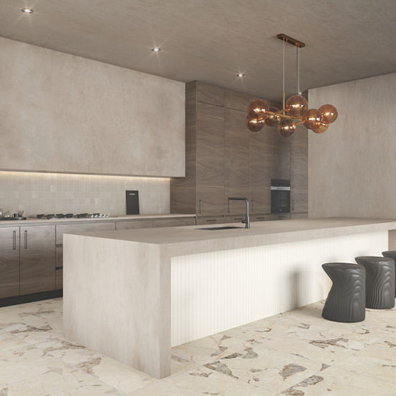 Kitchen with white marble look square tile on floor, white counter and backsplash, gray stools, and black accents.