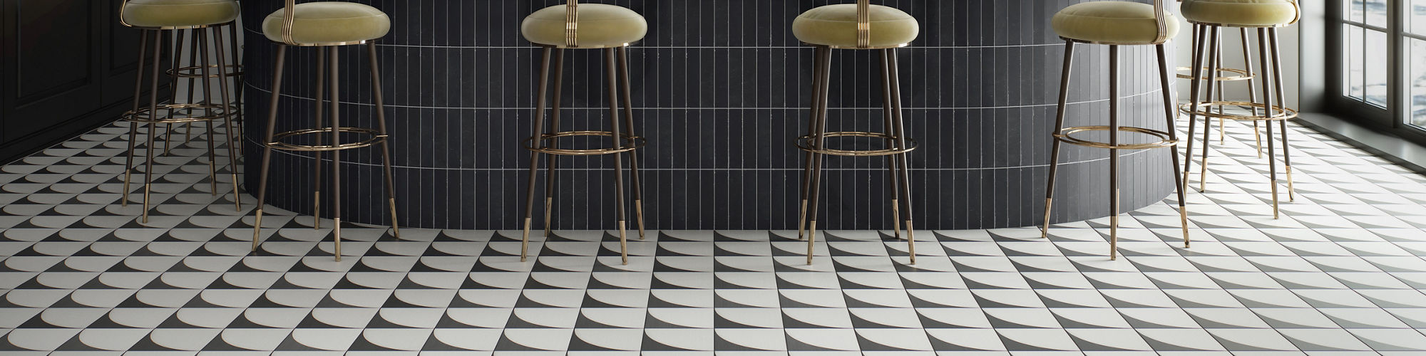 Bar with white walls, white and black square floor tile with concave design, black subway tile on bar counter, and light green chairs at bar.