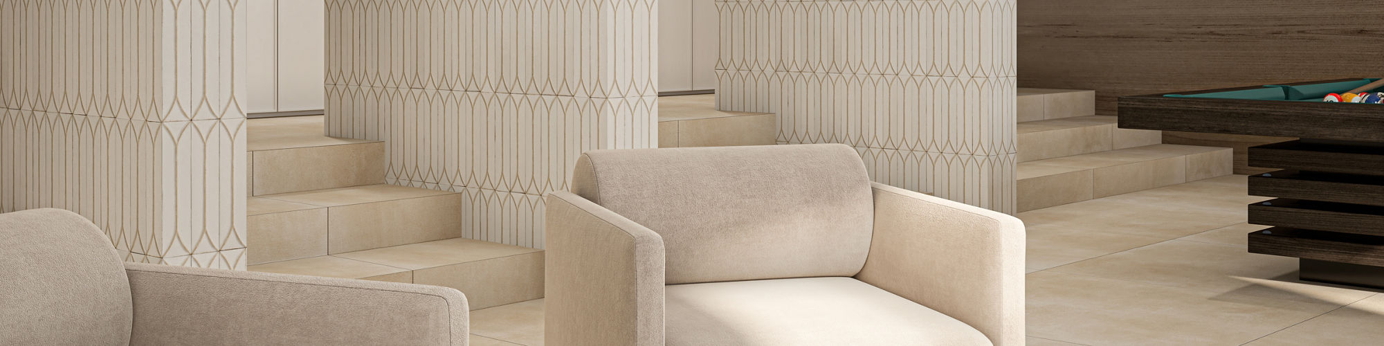 Lounge with pool table, two white chairs facing a chess board, beige flooring, and white picket fence tile on walls.