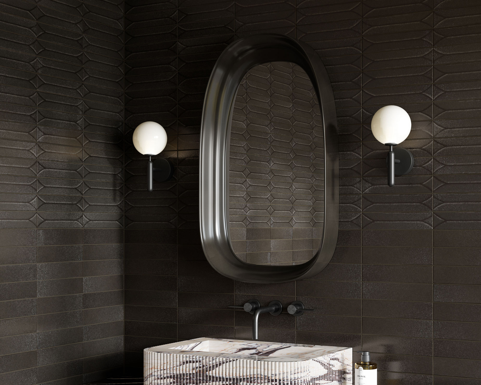 Bathroom with white marble sink, gray marble countertop, silver fixtures, and black rectangle subway tile on background.