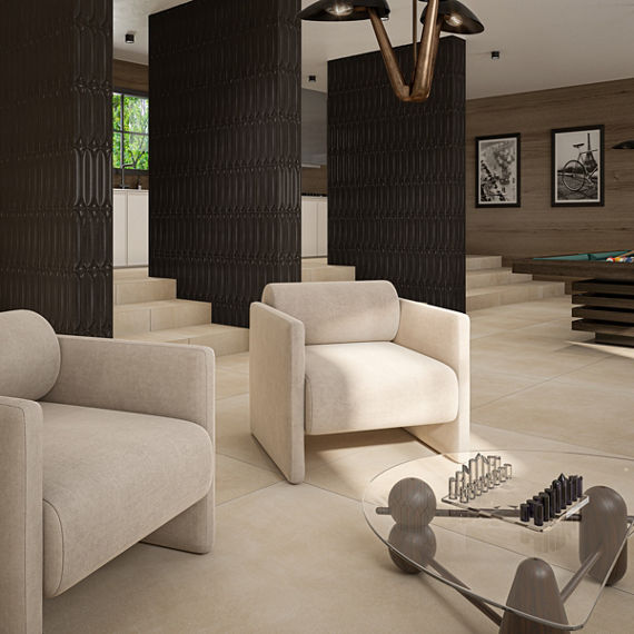 Lounge with pool table, two white chairs facing a chess board, beige flooring, and black 3d wave design wall tile on walls.