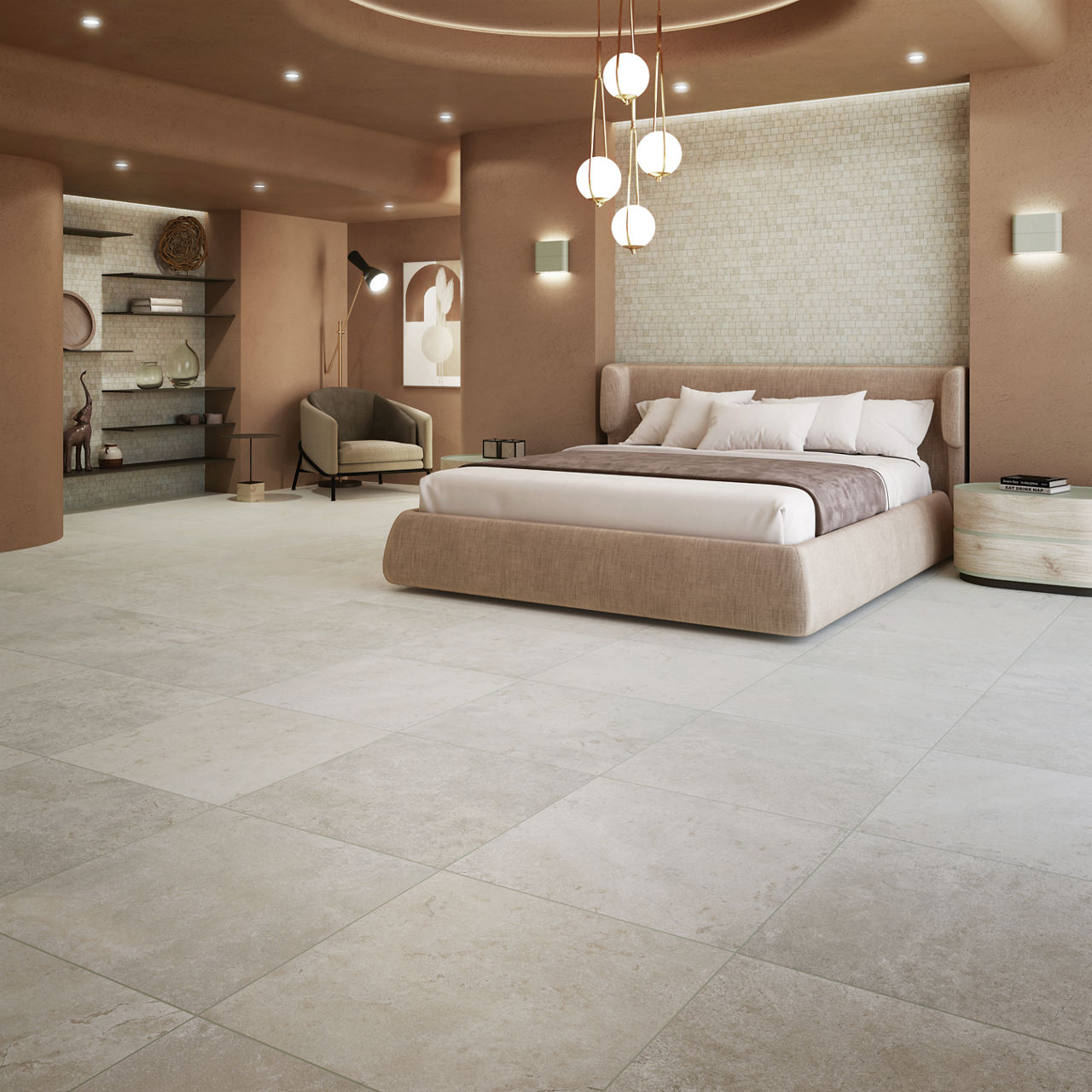 Bedroom with beige stone look square floor tile, warm beige walls, and earthy neutral bed.