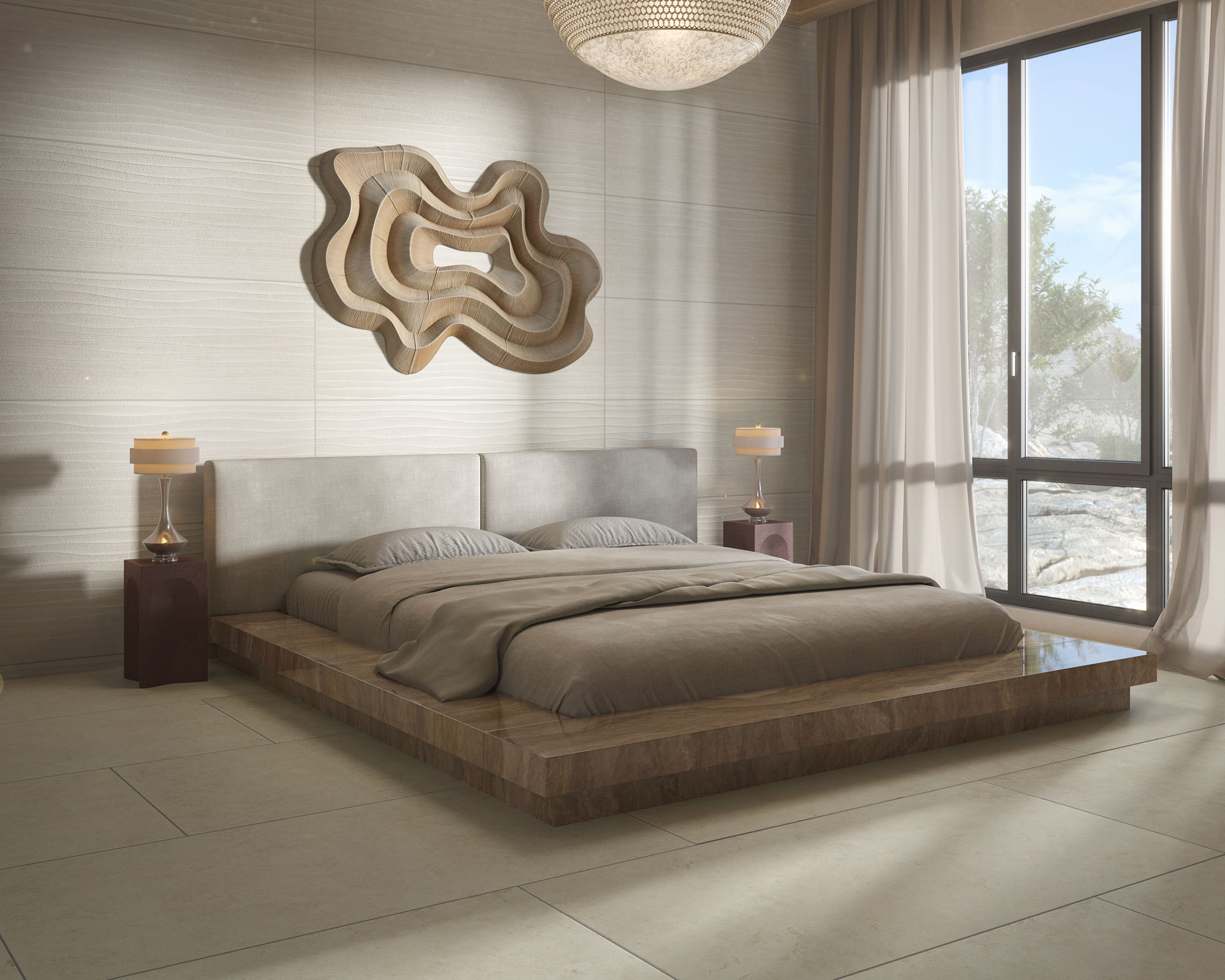 Bedroom with white rectangle tile with linear design on walls, white concrete look rectangle tile on floor, beige bed, and large window showing the outdoors.