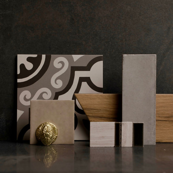 This flatlay contains gray encaustic square tile, gray rectangle wall tile, wood look rectangle tile, beige square wall tile, and white and black square mosaic.