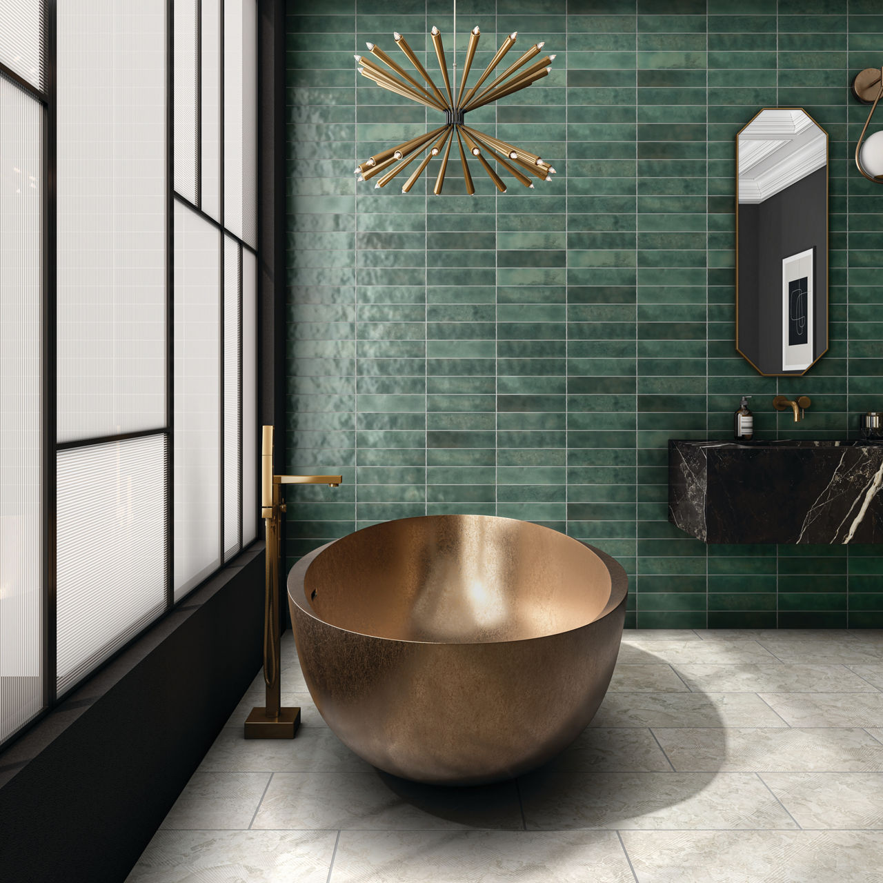 Bathroom with green rectangle tile on back wall in horizontal pattern, white stone look rectangle floor tile, black marble look sink, gold tub, and gold accents.