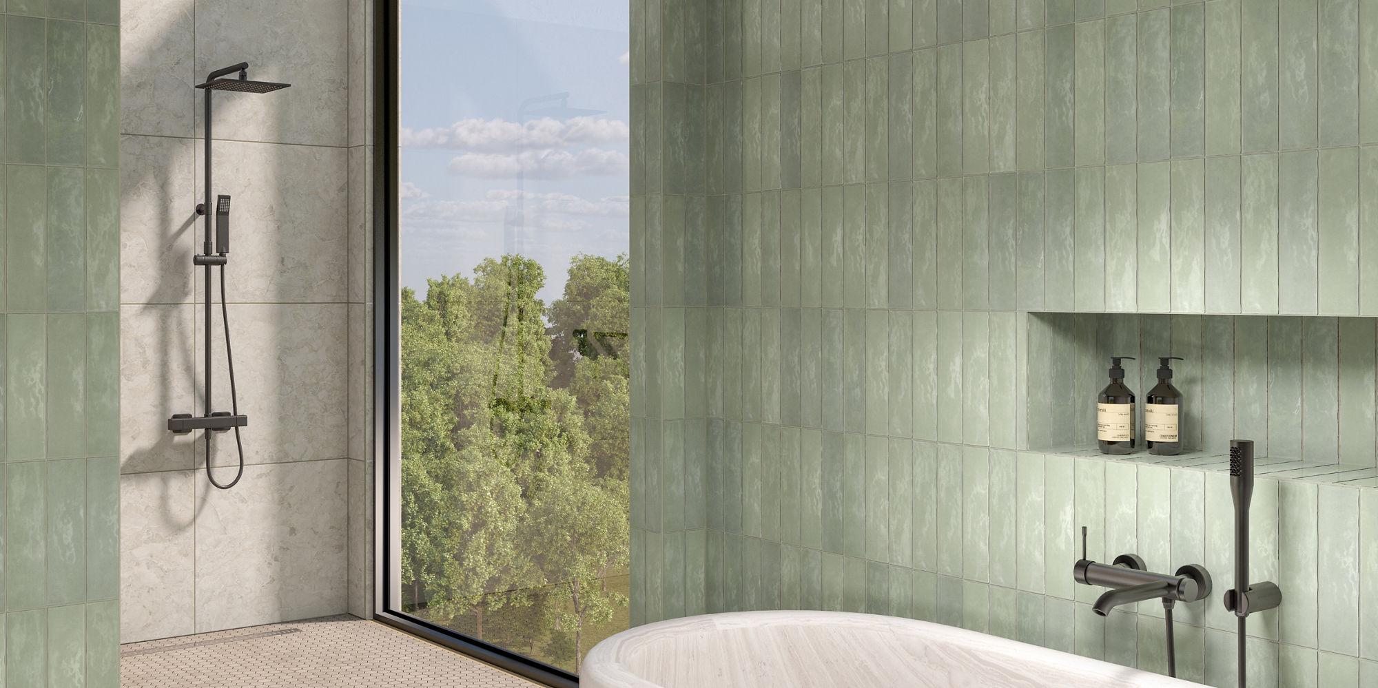 Bathroom with green subway tile on walls, white tub, and light wood flooring.