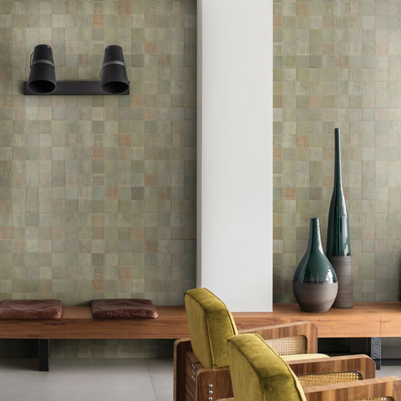 Room with green square tile, wood bench, white floor tile, and green accents.