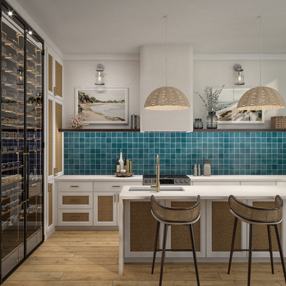 Kitchen with white walls and cabinets, wood floor, and blue square tile on backsplash.