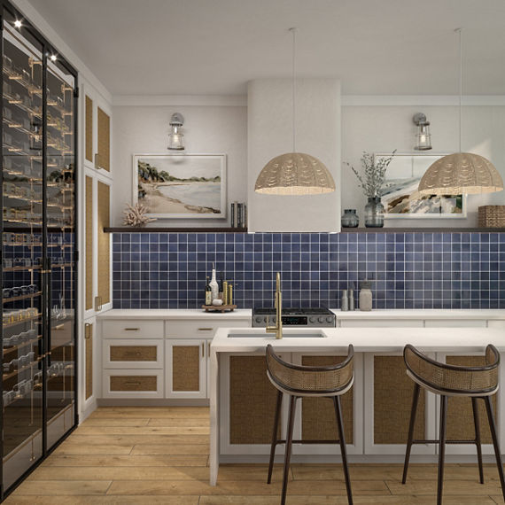 Kitchen with white walls and cabinets, wood floor, and dark blue square tile on backsplash.
