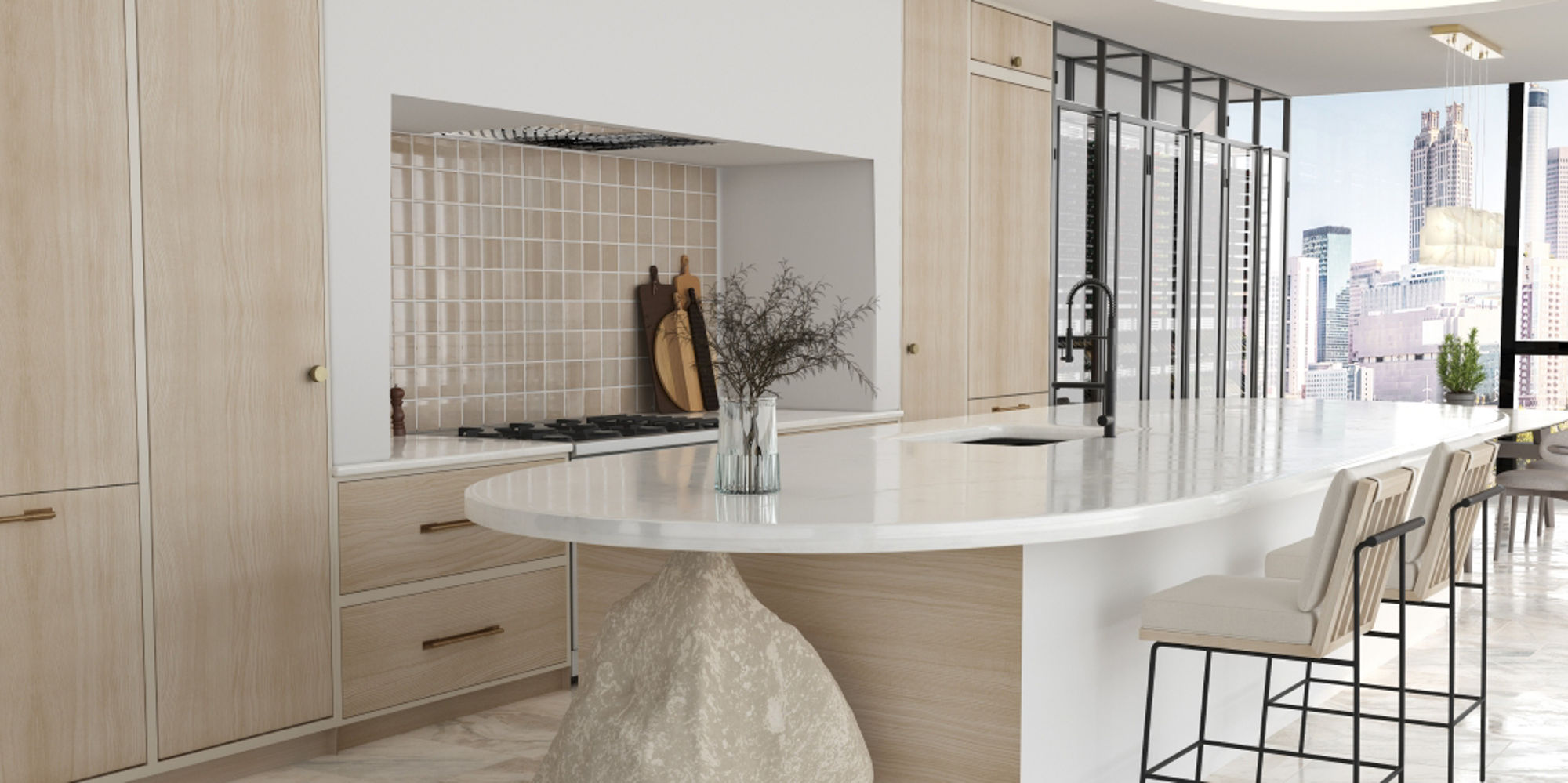 Residential kitchen with beige tones throughout.