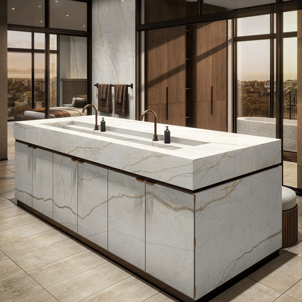 A sleek marble kitchen island stands prominently in a contemporary open-plan apartment. The island features a long integrated sink with dual faucets and minimalist cabinetry below. Warm wood finishes, large floor-to-ceiling windows, and tiled floorin
