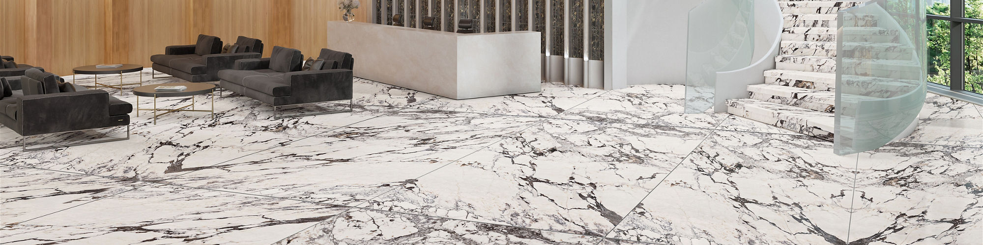 A spacious, contemporary hotel lobby features striking white marble flooring with dark veining. The setting includes a curved wooden ceiling, a glass spiral staircase, and floor-to-ceiling windows showcasing a city skyline. Sleek black lounge chairs 