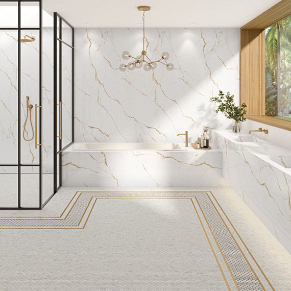 Bathroom with white marble look porcelain bathtub and walls.