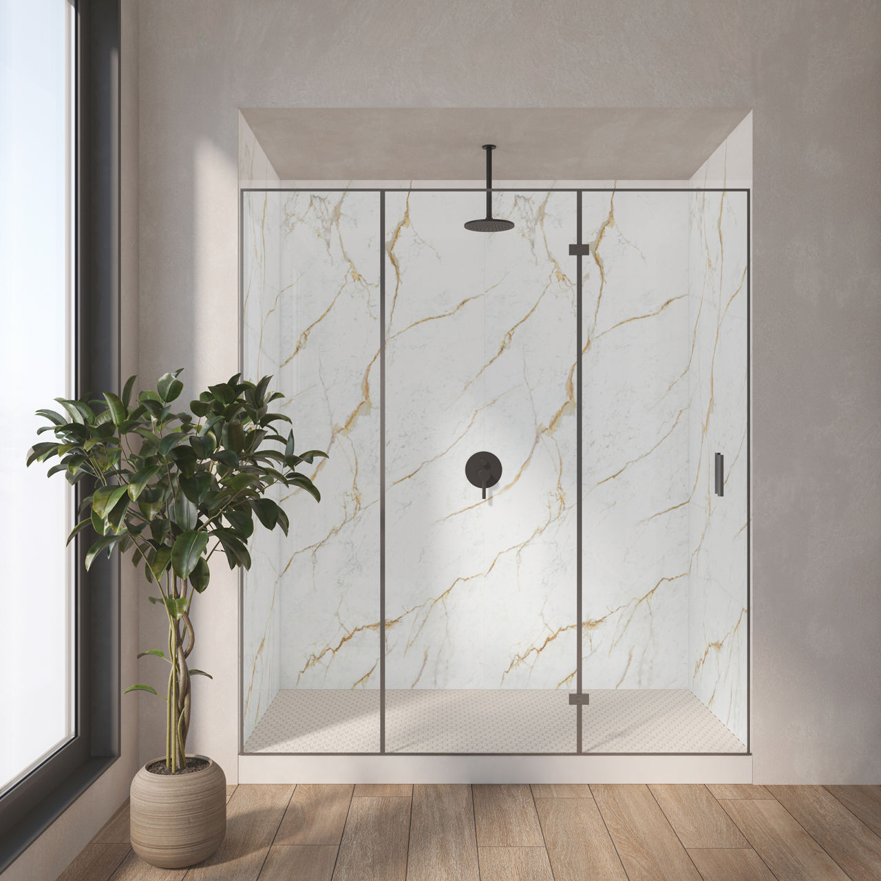 Shower with large format white panels featuring gold veining a glass enclosure overhead showerhead and light wood flooring with a potted plant beside the entrance.