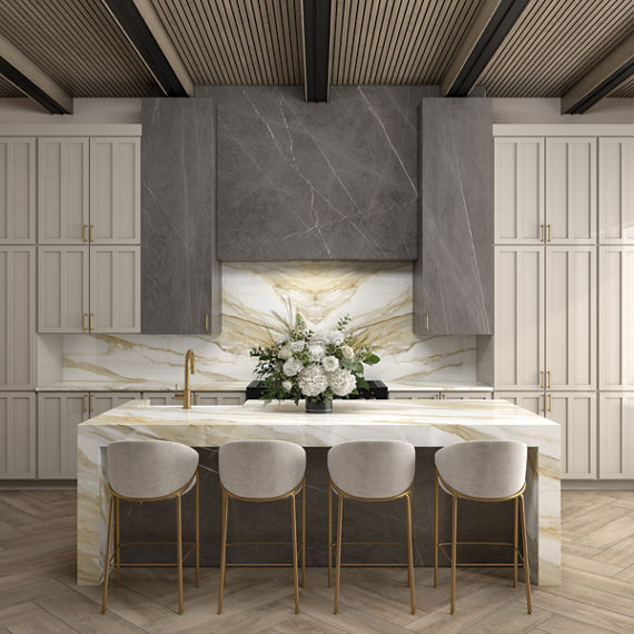 Kitchen with white marble look porcelain slab island and backsplash, gray marble look porcelain slab on vent hood, wood look floor tile in herringbone pattern, and gold accents.