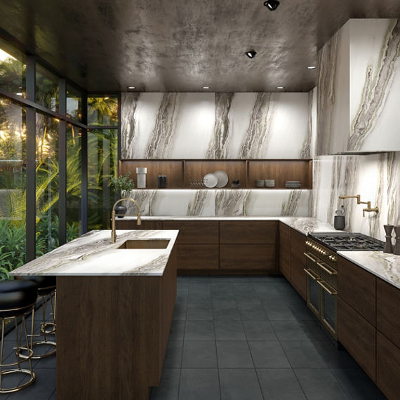 Kitchen with a white marble look porcelain slab with gray veining on center island and backsplash, dark wood cabinets, and black rectangle concrete look floor tile.
