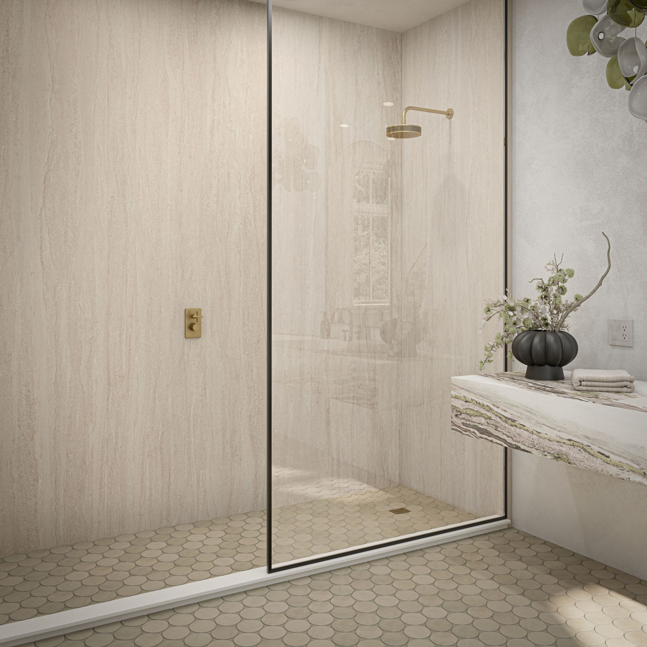 Bathroom with a walk?in shower featuring panoramic porcelain wall panels, a clear glass enclosure with brass fixtures, and a hexagon floor, shown beside a floating marble sink with a decorative vase.
