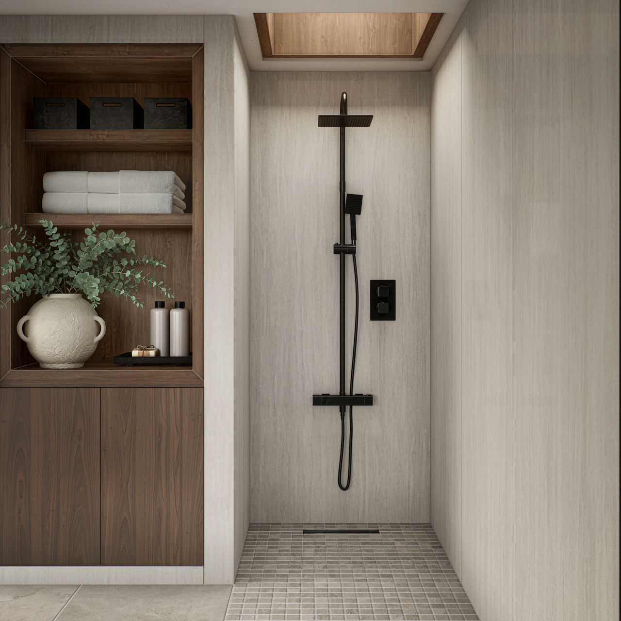 Shower with beige stone look slabs on shower walls, wood cabinets, and beige square shower floor mosaic.