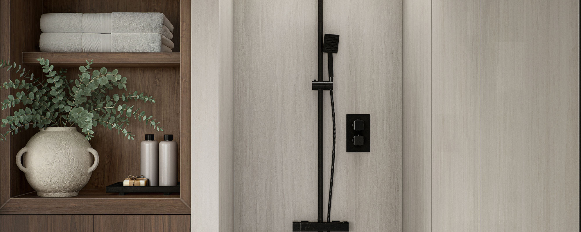 A contemporary bathroom features a walk-in shower with a sleek black shower fixture and a skylight above, allowing natural light to fill the space. Adjacent to the shower is a built-in wooden shelving unit holding towels, decorative items, and toilet