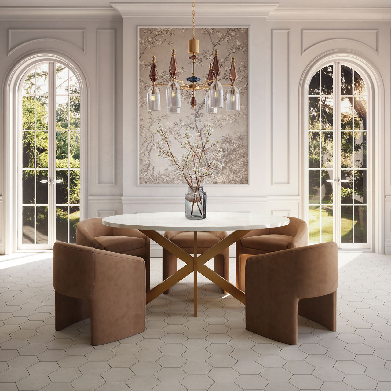 A contemporary dining room features a round white table surrounded by four plush tan chairs. Large arched French windows on either side flood the space with natural light and views of a lush garden. A decorative chandelier with glass shades hangs abo