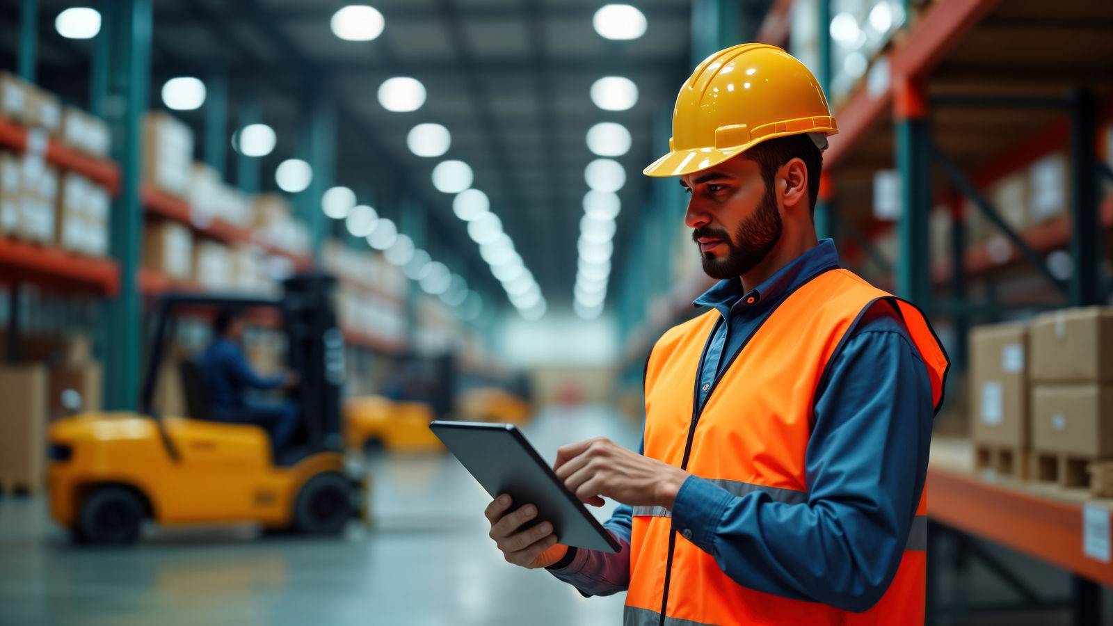 Warehouse supervisor checks inventory on tablet. Forklifts move in background. Busy warehouse scene. Supervisor uses tech for, inventory management. Workers operate forklifts. Warehouse environment.