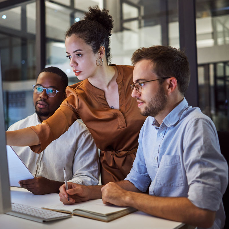 Learning, computer and training business team in office with manager