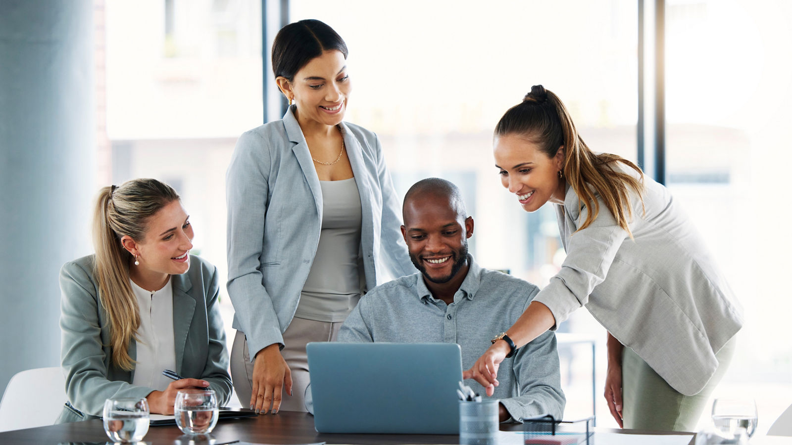 Business people, laptop and meeting for team idea