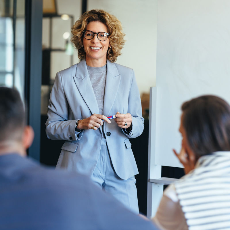 Mature business woman having a discussion with her team. Woman leading a meeting in an office. Business woman presenting her ideas in an office. Group of professionals planning a project.