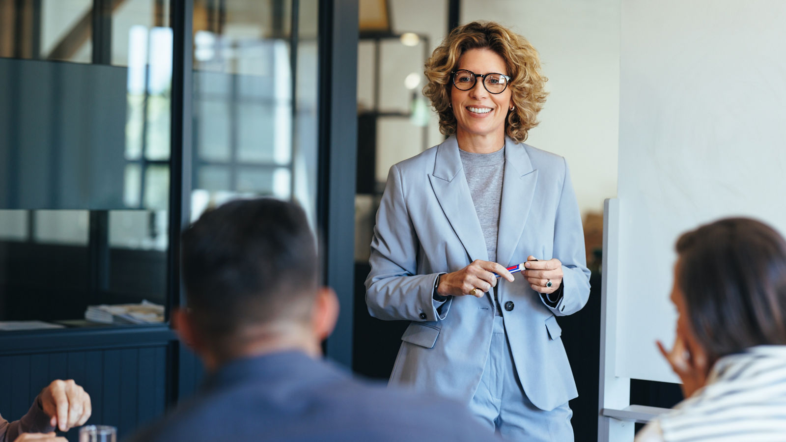 Mature business woman having a discussion with her team. Woman leading a meeting in an office. Business woman presenting her ideas in an office. Group of professionals planning a project.