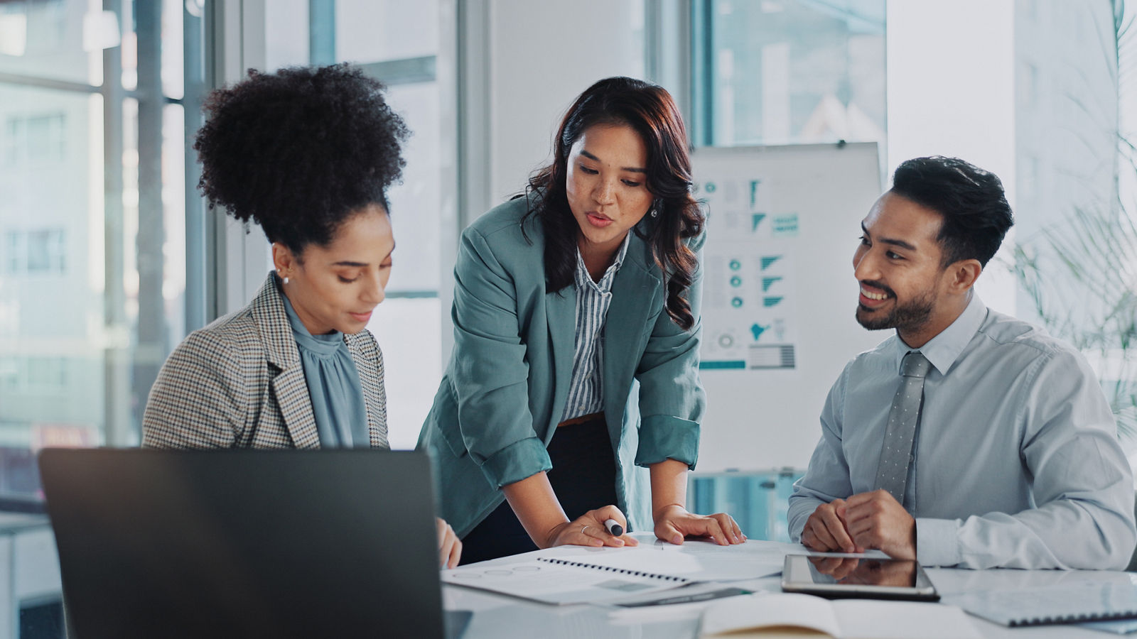 Business people, planning and teamwork with data analytics, documents and collaboration in meeting. Analyst, marketer or SEO expert talking of results, statistics and algorithm research in office.