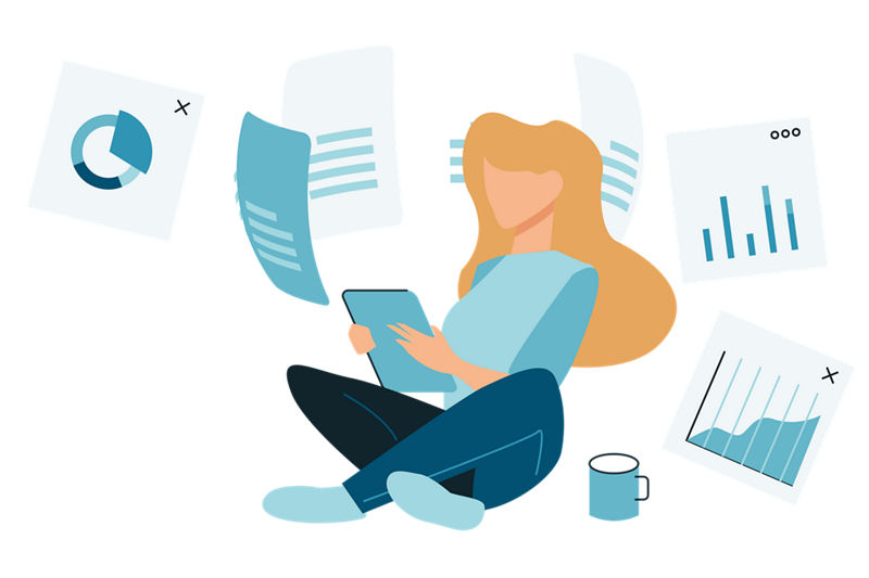 An illustration of a woman purchasing an on Demand Business Information Report