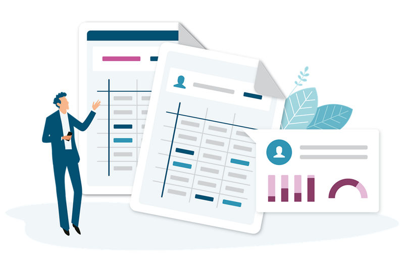 illustration of person with data sheets