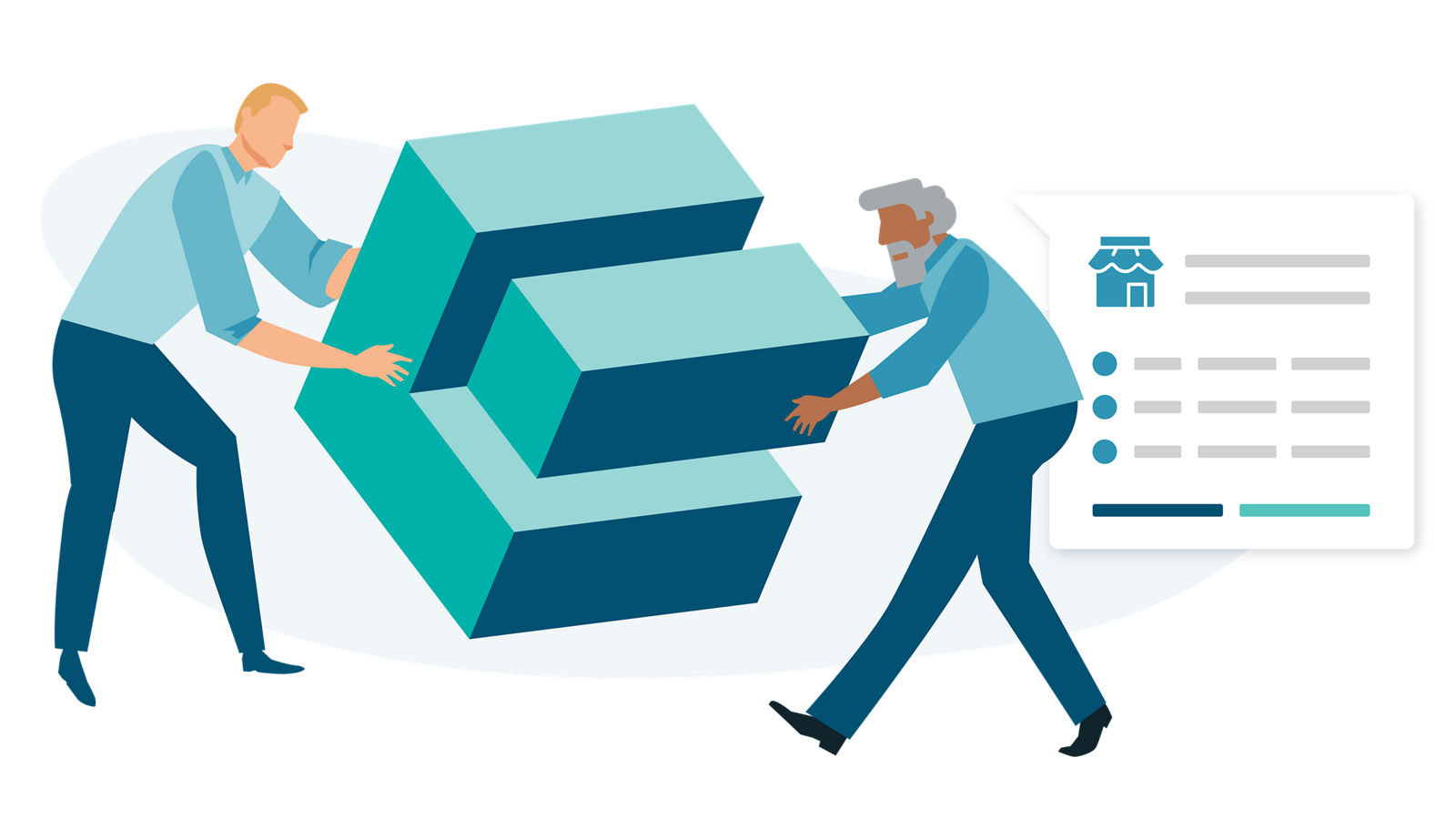 Illustration of people holding an isometric 3D block illustration depicting the D&B SBFE data block