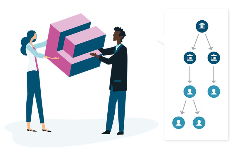 Illustration of people holding an isometric 3D block illustration depicting the D&B Beneficial Ownership data block