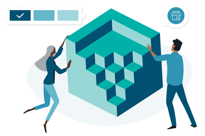 Illustration of people holding an isometric 3D block illustration depicting the D&B Blended Scores data block