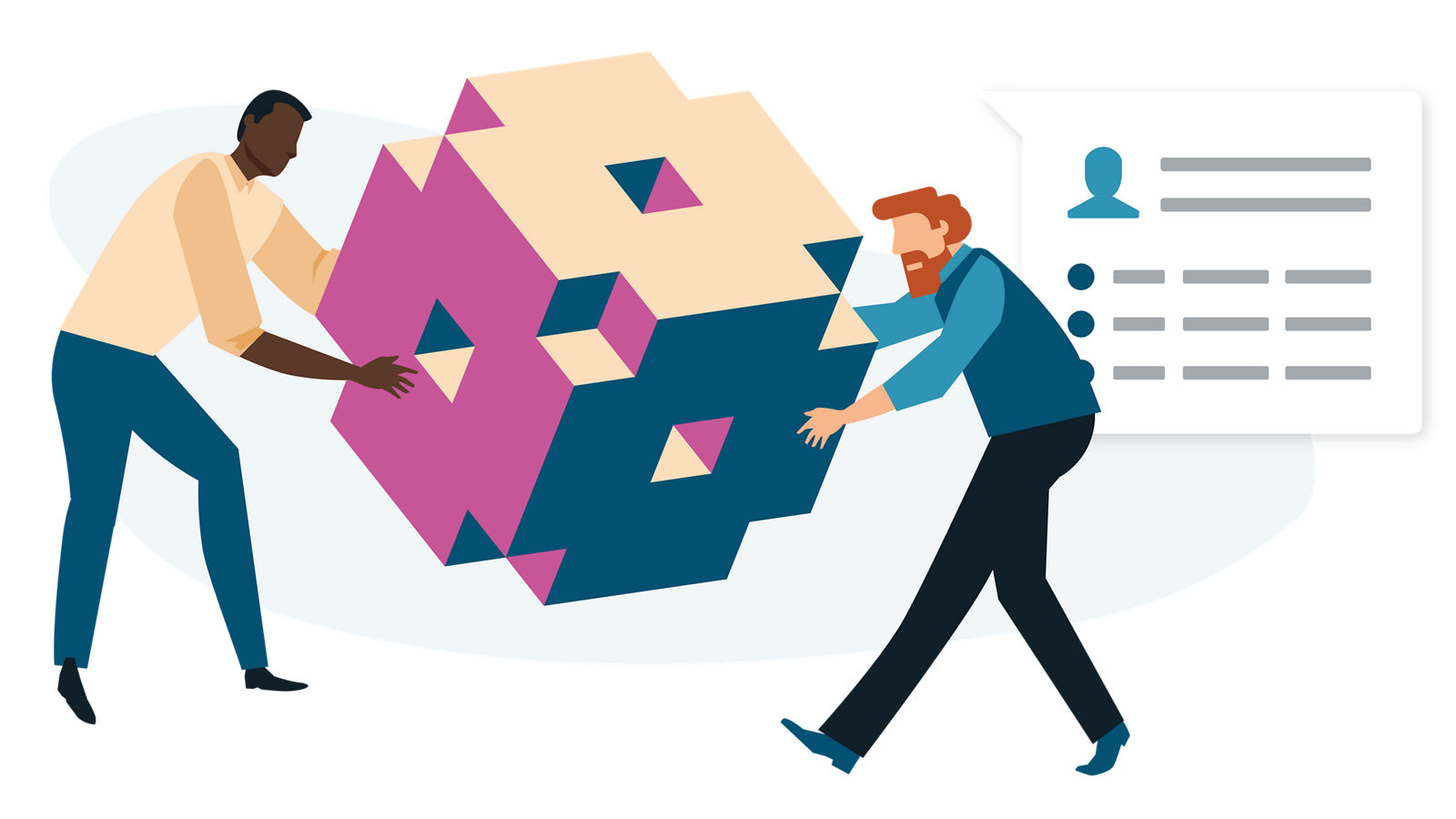 Illustration of people holding an isometric 3D block illustration depicting the D&B Buyer Intent data block