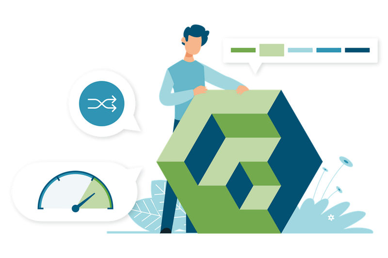 Illustration of person holding an isometric 3D block illustration depicting the D&B Climate Risk Insights data block